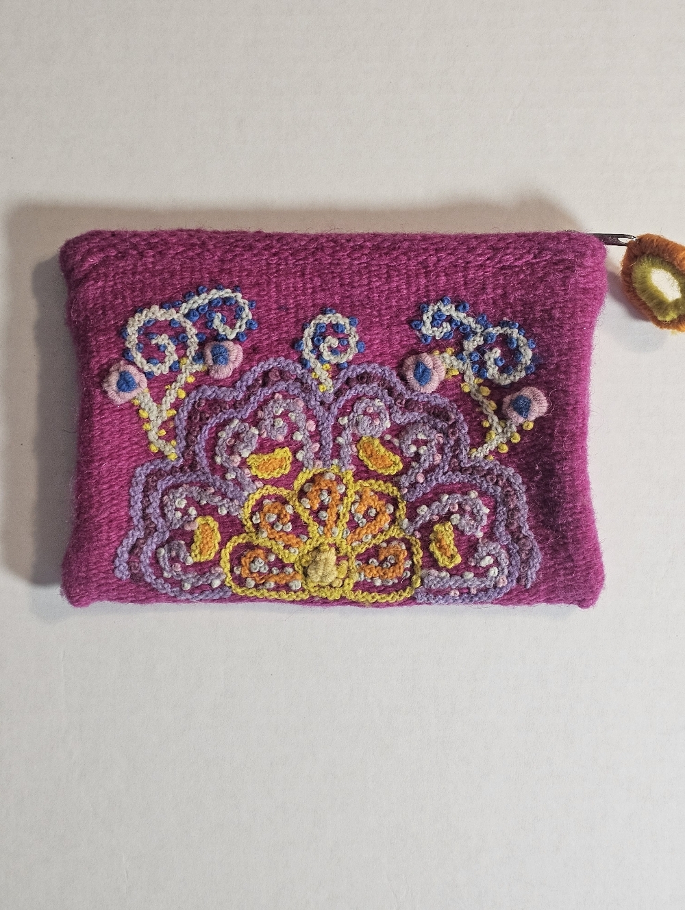 Jenny Krauss Fuchsia Embroidered Wool Zipper Pouch Boho